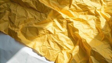 A close-up of crumpled yellow paper illuminated by the sun, casting dramatic shadows and highlighting the intricate texture