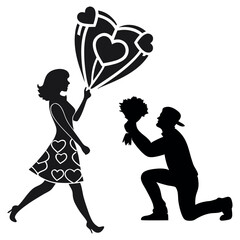 Silhouette illustration of a man proposing with flowers to a woman holding heart balloons. Ideal for romantic, engagement, or Valentine's Day themes, capturing a heartfelt moment of love and affection