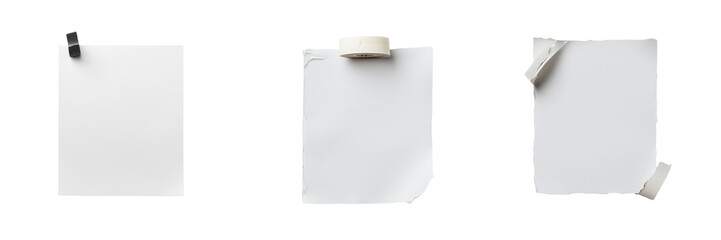 set of a White note paper with tape isolated on a transparent background