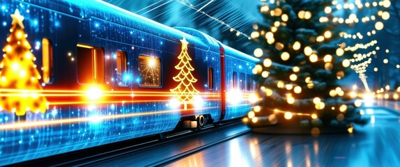Obraz premium Winter wonderland, illuminated train, snowy forest, Christmas lights, glowing Christmas tree, magical atmosphere, night scene, reflective surface, blue and gold color palette, festive holiday spirit, 
