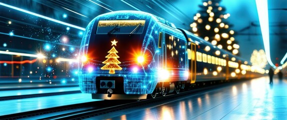 Winter wonderland, snowy night scene, illuminated train, christmas trees, twinkling lights, motion blur, vibrant colors, long exposure, magical atmosphere, forest background, festive holiday spirit, g