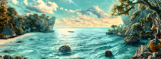 Fantasy sea coast with eye-catching colors, vibrant water and surreal atmosphere.