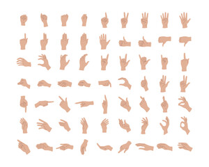 Collection of human hand gestures with fingers. Arms show non-verbal elements of communication. Body language, various communicative symbols. Set of isolated vector illustrations