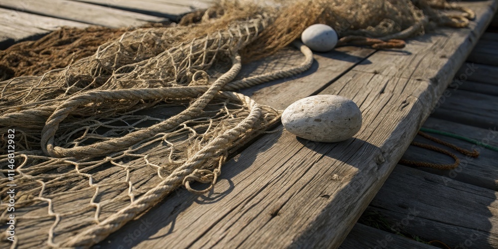 Poster a weathered wooden dock with a discarded fishing net and round stones resting on its surface