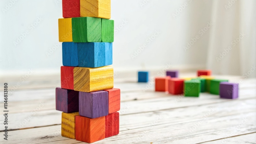 Poster Colorful wooden blocks stacked in a tower on a whitewashed wooden surface with other blocks scattered around