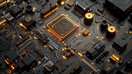 Close-up of a circuit board with a glowing central processor.