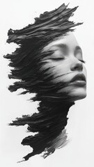 Fototapeta premium A striking monochrome portrait featuring a serene face, artistically blended with expressive brush strokes that create a sense of movement and emotion.