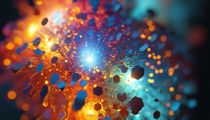 Vivid colors blend smoothly, creating a mesmerizing visual experience filled with shimmering particles and bright highlights against a dark background.