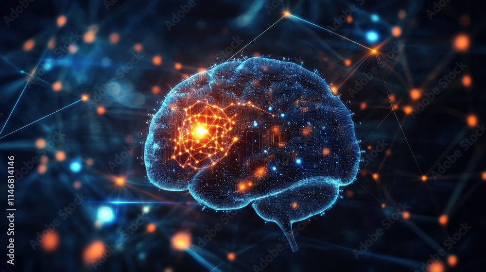 Poster digital brain network with glowing connections and data points