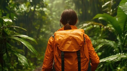 Fototapeta premium Adventurer in a Rainforest: Exploring Nature's Beauty in Rainy Conditions with Lush Green Foliage and Vibrant Outdoor Gear for an Inspiring Journey