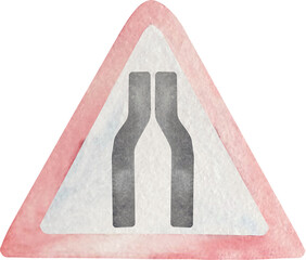 Watercolor road sign. Traffic sign illustration. Illustration of red and white triangular warning sign Road Narrows.