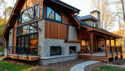 Obraz premium A rustic cabin with wood accents, large windows, and a porch