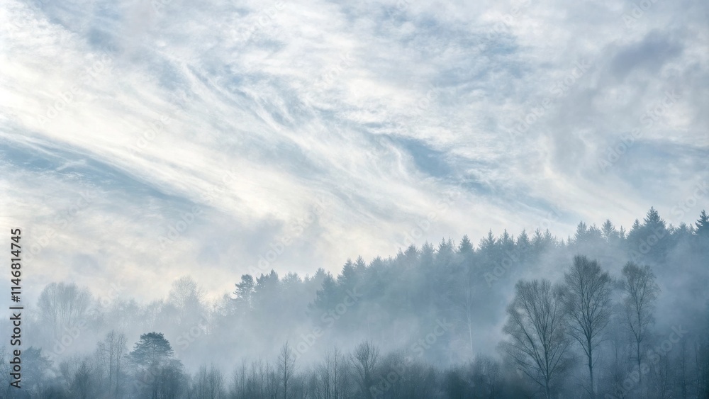 Poster a misty morning forest shrouded in fog with wispy clouds creating a tranquil and serene atmosphere