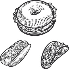 Street food vector illustration of hot dog, bagel and taco isolated on white background.