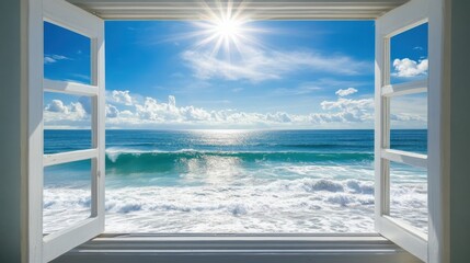 Bright Sunlight Over Serene Ocean Waves Through Open Window