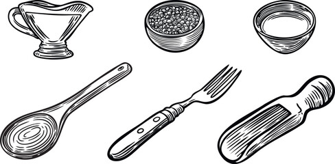 Kitchenware engraved line drawing set isolated on white background.