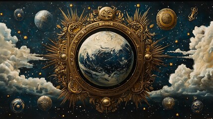 Obraz premium A Celestial Globe Surrounded by Floating Mystical Orbs in a Cosmic Setting, Perfect for Fantasy Art, Astrology Concepts, Space-Themed Designs, and Futuristic Sci-Fi Illustrations