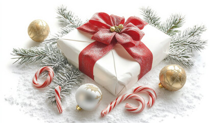 Luxurious Christmas Flat Lay with White Decorations and Snowflakes