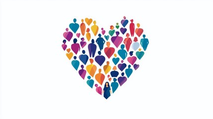 Colorful heart shape made of diverse human silhouettes representing love and unity.