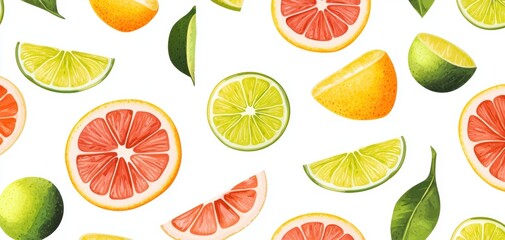 A vibrant arrangement of citrus fruits, including oranges, limes, and grapefruits, scattered on a white background, showcasing their colorful slices and leaves.