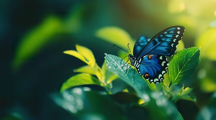 A close-up of an electric blue butterfly resting on a vibrant green leaf
