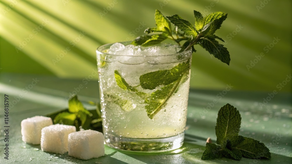 Poster refreshing mint beverage with ice cubes and sugar on a green surface