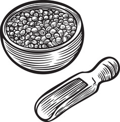 Bowl with pepper and scoop kitchenware vector illustration.