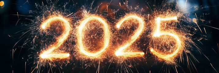 Bright and colorful fireworks forming 2025 for New Year festivities.