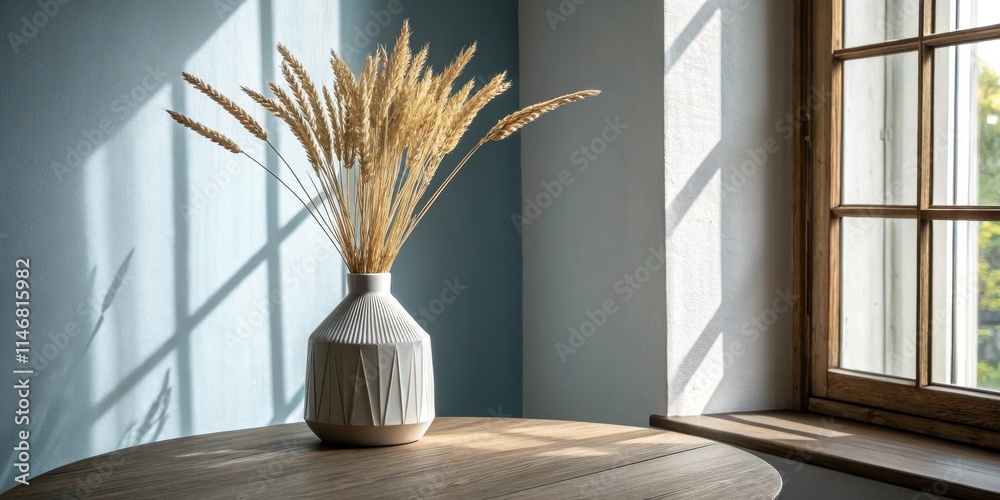 Aufkleber A simple vase with dried wheat stalks sits on a wooden table in front of a window with sunlight streaming in.