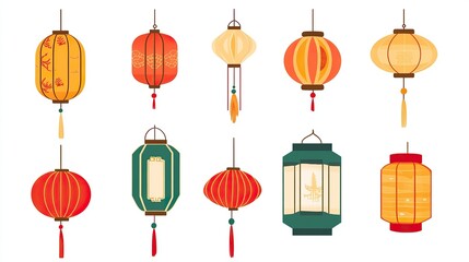 Traditional Chinese Lantern Vector Elements on White Background, Flat Design Style for Graphic Design Flexibility. 