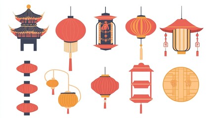 Traditional Chinese Lantern Vector Elements on White Background, Flat Design Style for Graphic Design Flexibility. 