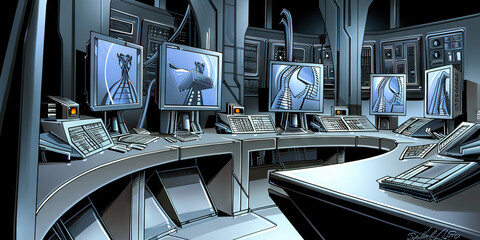 Naklejka premium Futuristic Control Room with Roller Coaster Monitor Displays