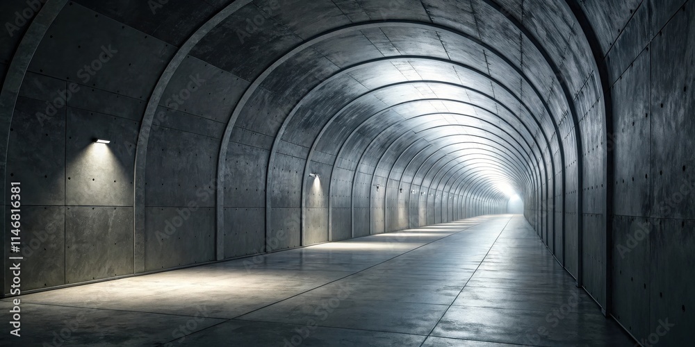 Poster a dimly lit concrete tunnel with arched ceilings, illuminated by a series of lights leading to a bri
