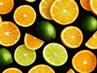 Obraz premium A vibrant arrangement of sliced citrus fruits, including oranges and limes, set against a dark background.