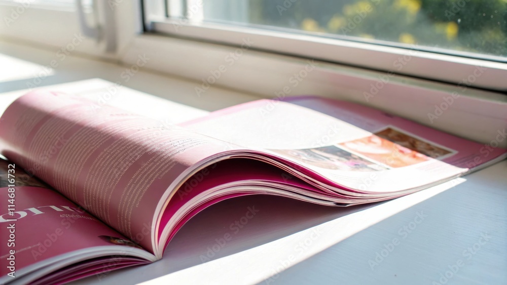 Poster A pink magazine with text and images is lying open on a white surface, bathed in soft sunlight.