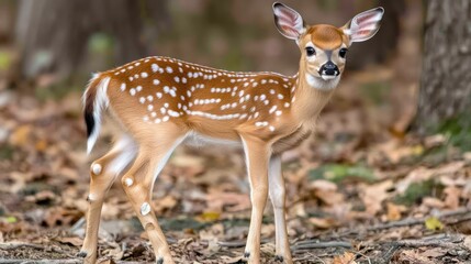 Adorable fawn standing in autumn forest.