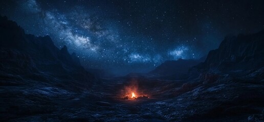 Naklejka premium A serene night scene featuring a campfire under a starry sky in a valley.