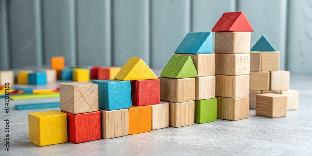 Aufkleber A colorful arrangement of wooden blocks stacked in a playful and creative way, showcasing the imagination and potential for building and creating.