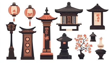 Traditional Chinese Lantern Vector Elements on White Background, Flat Design Style for Graphic Design Flexibility. 