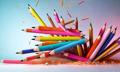 Colorful pencils exploding with shavings, symbolizing creativity and artistic expression.