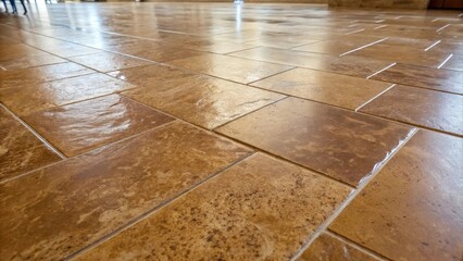 A low-angle perspective of a polished tile floor with a herringbone pattern, highlighting the intricate details and light reflecting off the surface.