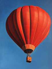 Fototapeta premium Red hot air balloon rises against clear blue sky, showcasing vibrant color and peaceful ascent in early morning light