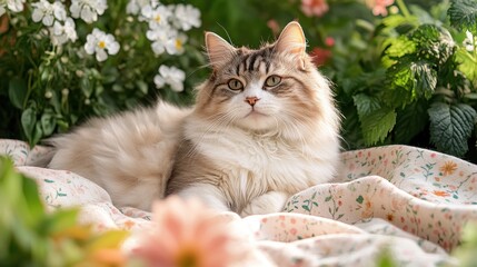 Fluffy white cat lounging on pastel blanket in garden with flowers