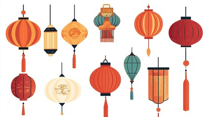 Traditional Chinese Lantern Vector Elements on White Background, Flat Design Style for Graphic Design Flexibility. 