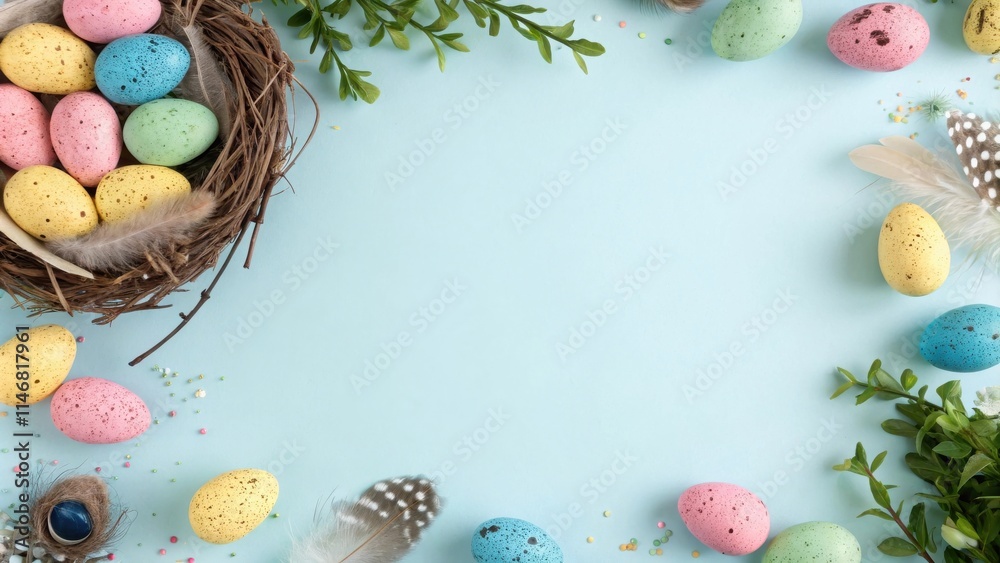 Poster pastel easter eggs nestled in a bird's nest with feathers and green greenery on a light blue backgro