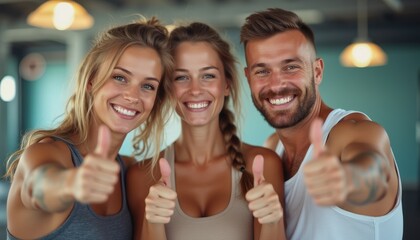 A joyful trio of two women and one man, all smiling brightly, give enthusiastic thumbs up in a vibrant indoor setting. Their expressions radiate happiness and camaraderie, capturing a moment of shared