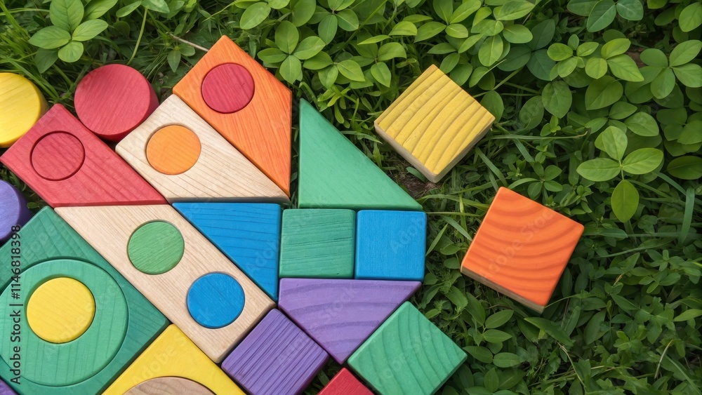 Poster a colorful assortment of wooden blocks in various shapes and sizes, nestled amidst a bed of lush gre