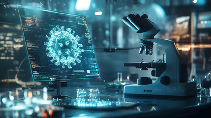 A futuristic laboratory scene featuring a microscope, a glowing digital screen displaying a virus model, and advanced scientific tools. This high-tech image represents research, microbiology,