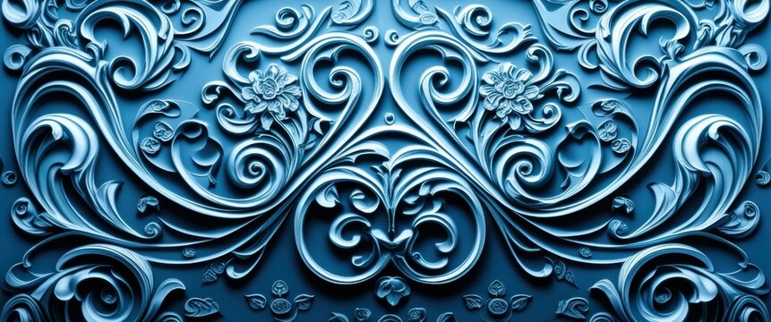 Ornate baroque scrollwork, intricate floral motifs, metallic blue patina, symmetrical design, architectural detail, carved relief, textured surface, vintage embellishment, rich teal color, decorative 