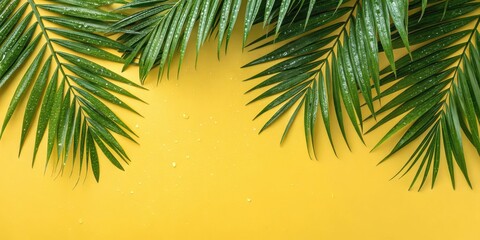 Fototapeta premium Vibrant Green Palm Fronds with Water Drops on a Sunny Yellow Background